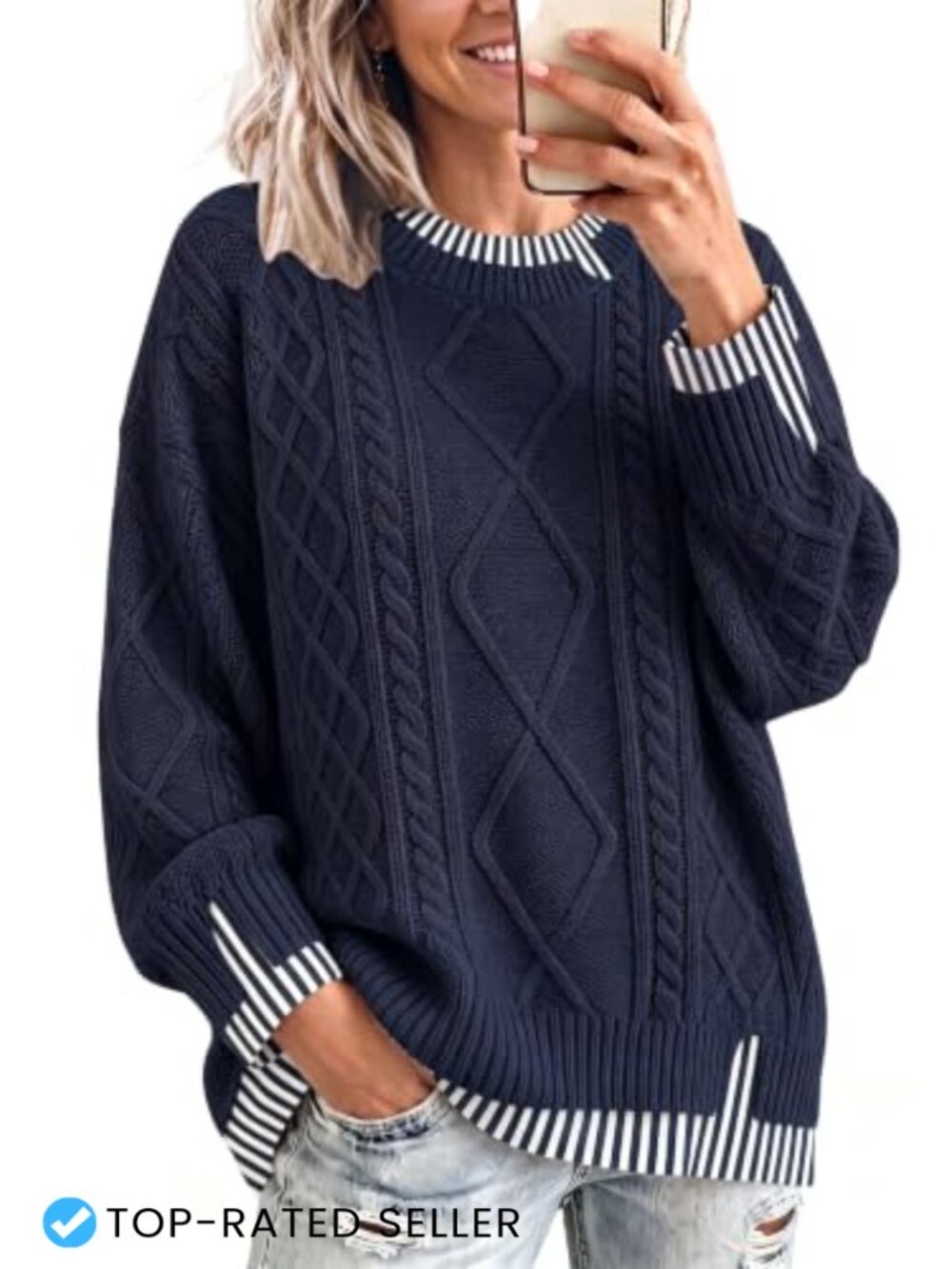 Oversized Cable Knit Sweater Chunky Crewneck Pullover Viscose Blend